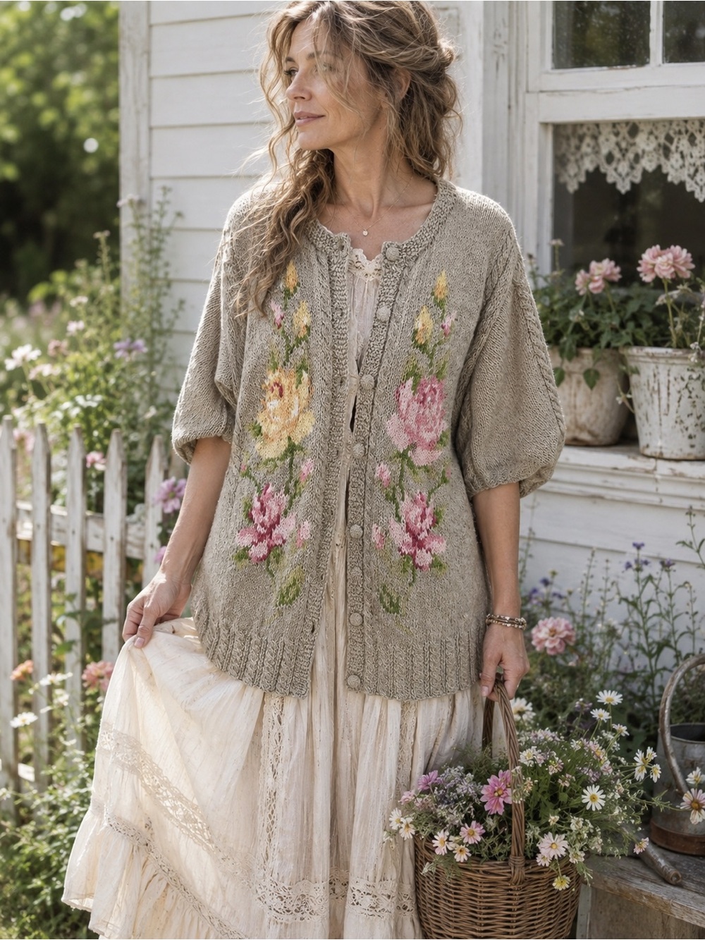 Vintage 1990s Susan Bristol Floral Ramie Cotton Knit Cardigan Sweater M